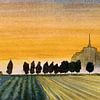 Ochtendmist bij Mont Saint-Michel | Aquarel schilderij van WatercolorWall