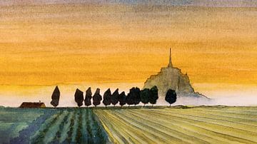 Morning mist at Mont Saint-Michel | Watercolour painting by WatercolorWall