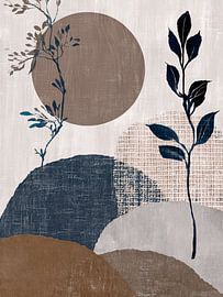 Abstrakte Japandi-Landschaft mit organischen Formen und botanischen Details