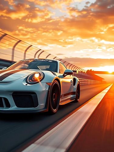 Porsche 911 GT3 RS wit met zwarte strepen zonsondergang 3