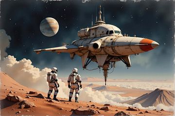 Astronauten kijken naar ruimteschip dat opstijgt van planeetoppervlak van Markus Gann