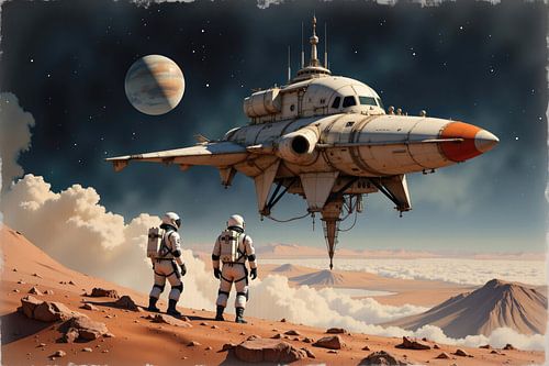 Astronauten kijken naar ruimteschip dat opstijgt van planeetoppervlak