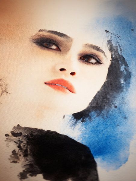 Dromerig portret van een vrouw in aquarel van Frank Heinz
