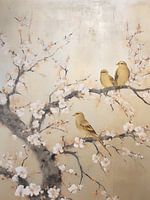 Japandi, Vogeltjes op Amandelbloesem in de stijl van Vincent van Gogh
