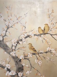 Japandi, Vögel auf Mandelblüte