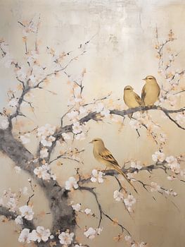 Vintage, Japandi, Vogeltjes op Amandelbloesem in de stijl van Vincent van Gogh