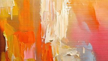 Abstrakte Malerei in Rosa, Senfgelb und Orange -1