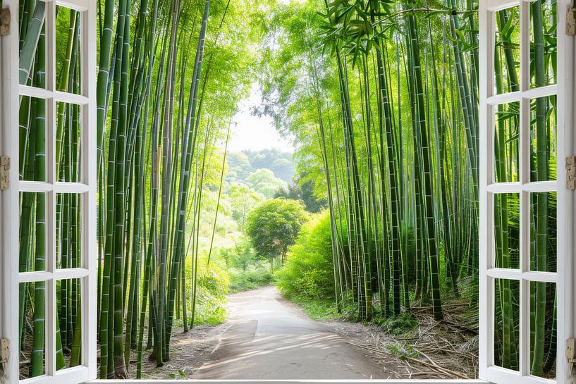 Raamuitzicht in het bamboebos van Poster Art Shop
