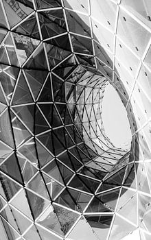 An abstract black and white photograph of architecture