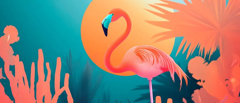 Flamingo in a tropical sunset by Poster Art Shop