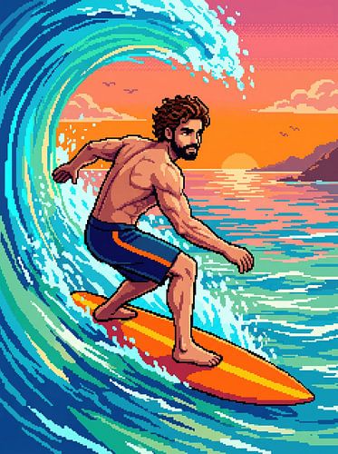 Pixel-Surfen bei Sonnenuntergang