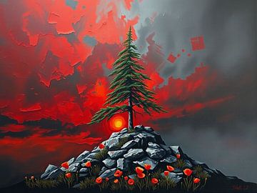 Eine einsame Kiefer's feurige Umarmung: Ein Symbol der Widerstandsfähigkeit inmitten einer karminroten Morgendämmerung von Artistic