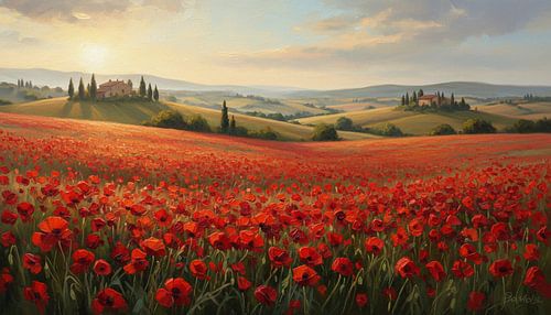 Toscaanse zonsondergang: levendig landschap met papavervelden