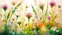 Zomers en natuurlijk schilderij: veldbloemen en klaver in het gras van Studio Pieternel thumbnail