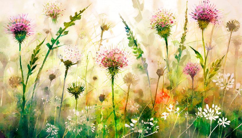 Zomers en natuurlijk schilderij: veldbloemen en klaver in het gras van Studio Pieternel