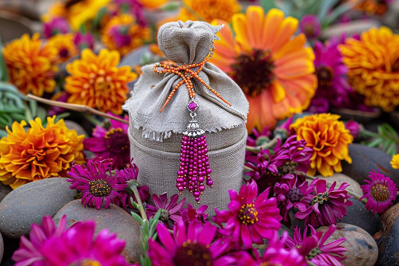 Paarse bloemen met tas van Art & Soul Creations