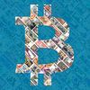 "Bitcoin over bills" (in blau) - Bitcoin art - Logo hinter alten, aufgehängten Banknoten von Roger VDB