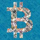 "Bitcoin over bills"  (in blauw) - Bitcoin kunst - logo achter oude, opgeschorte bankbilje van Roger VDB thumbnail