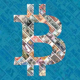 "Bitcoin over bills" (in blau) - Bitcoin art - Logo hinter alten, aufgehängten Banknoten