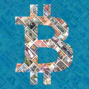 "Bitcoin over bills" (en bleu) - Bitcoin art - logo derrière de vieux billets de banque su
