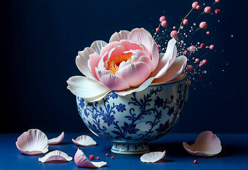 Klassiek delfts blauwe kom met roze pioenroos. van J.a Dijkstra