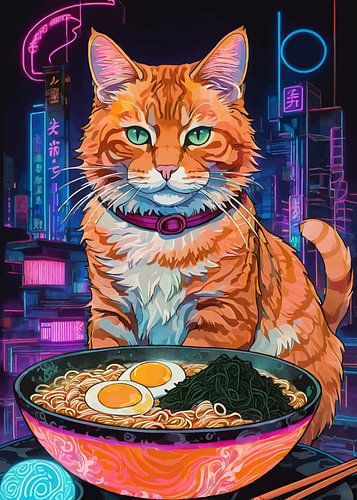 Oranje kat die Ramen Noodle eet