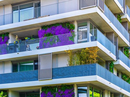 Bloeiende balkons in een stedelijke context