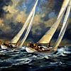 Schilderij van een zeilbootwedstrijd met een stormachtige lucht van Jan Keteleer