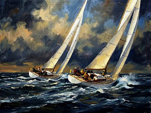 Schilderij van een zeilbootwedstrijd met een stormachtige lucht