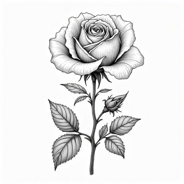 Fleur de rose intemporelle : Une illustration botanique monochrome détaillée de l'élégance et de la croissance par Artistic