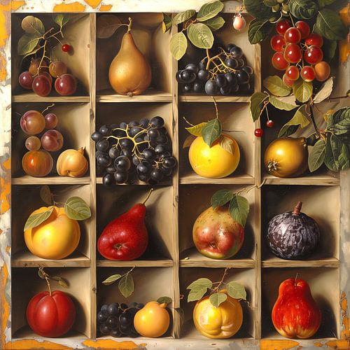 Vers fruit in een houten kastje