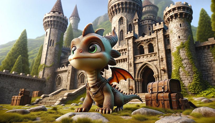 Kleiner Drache vor majestätischem Schloss von artefacti