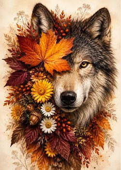 Autumn Wolf Wildlife Floral Illustration Portrait