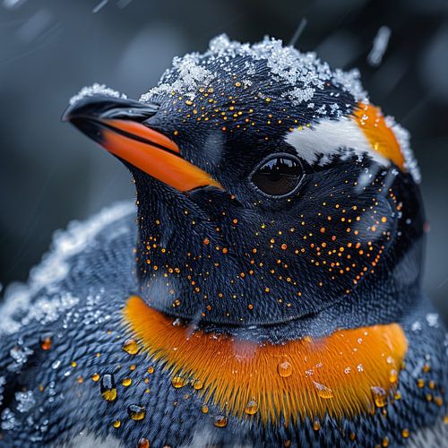Close-up van een pinguïn in de sneeuw met waterdruppels