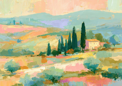 Paysage toscan avec cyprès et maison de campagne aux couleurs pastel sur Niklas Maximilian