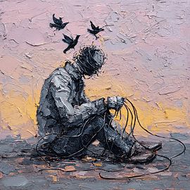 Distorted Figure Feeding Glass Birds While Pulling Wires From Chest Abstract Expressionist Painting by Aden Pink Studio