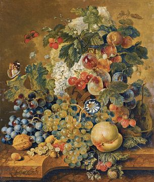 Ein Stilleben mit einem Korb voller Früchte, Nüsse und Blumen auf einer Steinleiste, Jacobus Linthor