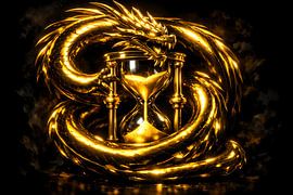 Wächter der Zeit: Goldener Drache mit mystischer Sanduhr von ButterflyPix