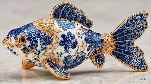 vis in delfts blauw en goud op een wit marmeren achtergrond