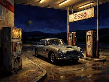 Aston Martin DB5 an einer Tankstelle bei Nacht