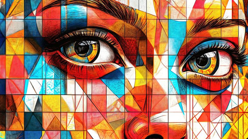 Colourful mosaic portrait of a woman by Frank Heinz