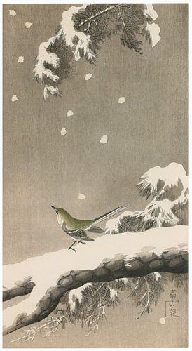Ohara Koson - Japanischer Buschrohrsänger auf Schnee-Kiefer