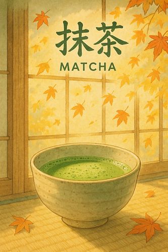 Dreamy Matcha Print – Anime Style Autumn Leaves Tea Illustration