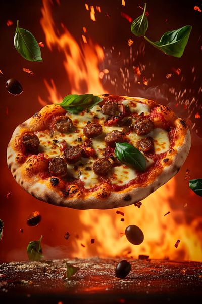Fliegende Pizza in Flammen – Köstlich und Dynamisch von Poster Art Shop