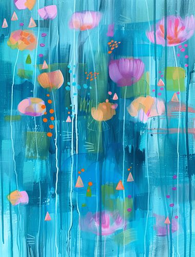 Superbunte abstrakte Blumen in Blau und Rosa