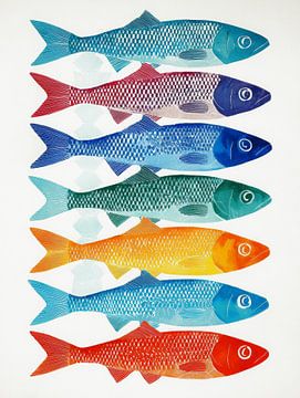 Kleurrijke sardines in grafische kunststijl