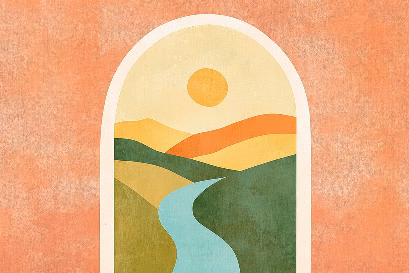 Landschaftsansicht mit Fluss und Sonne von Poster Art Shop