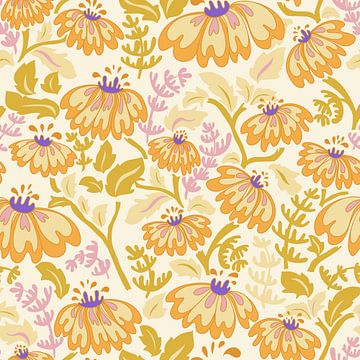 Maximalism 70s Retro Flowers Buttercup yellow and lilac pattern by Annick
