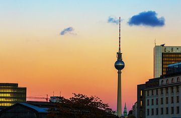Television tower Berlin with skyline at sunset by Frank Herrmann