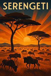 Serengeti Art Deco Poster - Gouden Savanne Zonsondergang met Wilde Dieren van Travel Shop